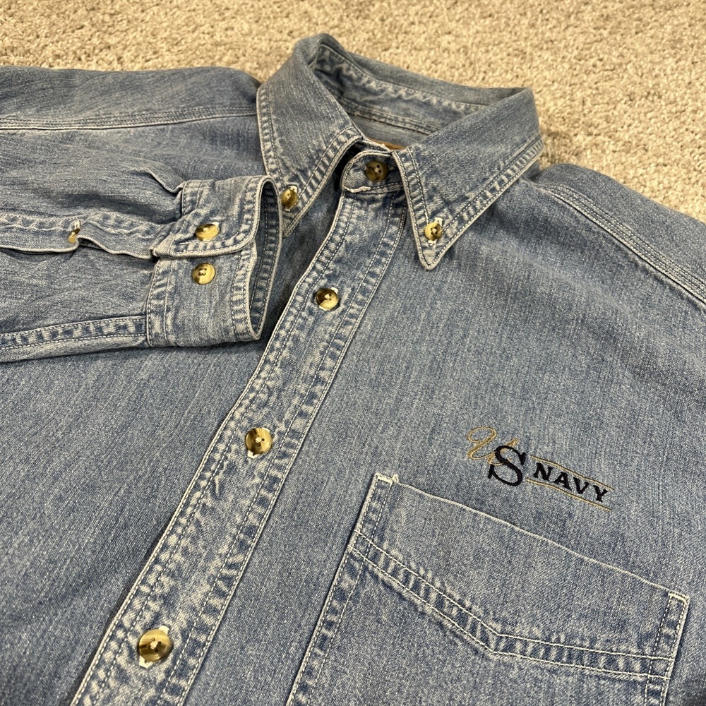 Gear for Sports US Navy Denim Shirt‎ M Blue Jean Button Up Embroidered Logo Y2K
